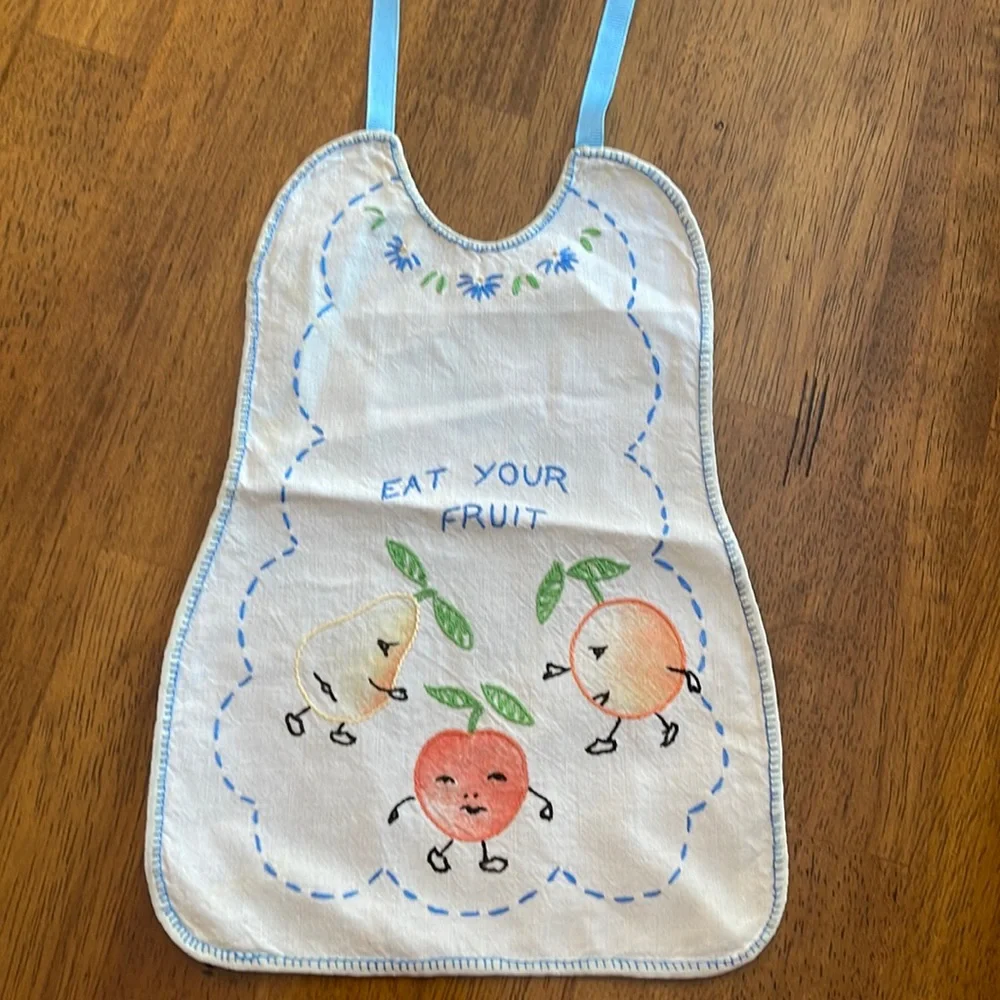 Embroidered Baby Bib Blue and White Child eat your fruit Vintage Handmade